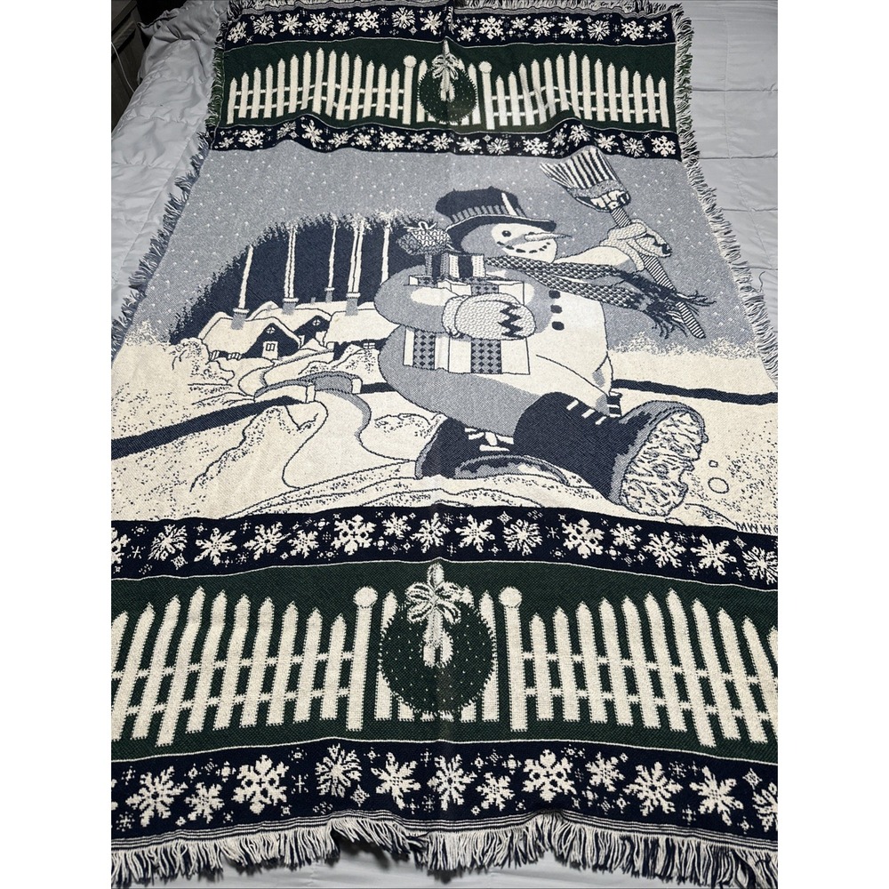 Vintage 1993 Snowman Christmas Tapestry Throw Blanket 65"x48"